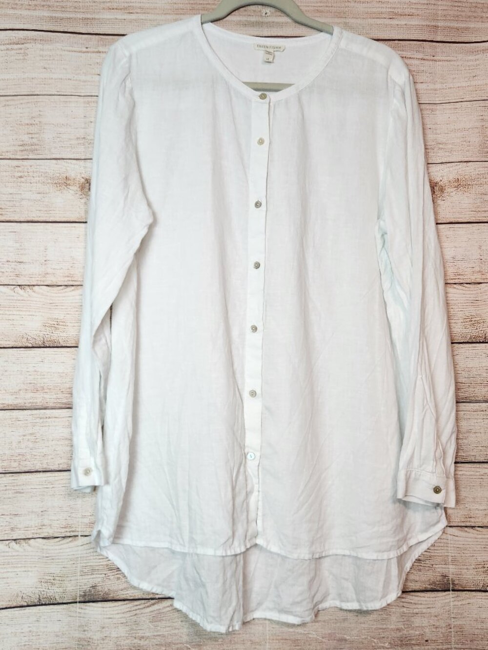 Eileen Fisher White Organic Linen Long Sleeve Button Down Shirt Women's Size L